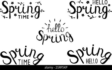 Hello Spring and Spring Time lettering typography set in handwritten style, vector illustration Stock Vector