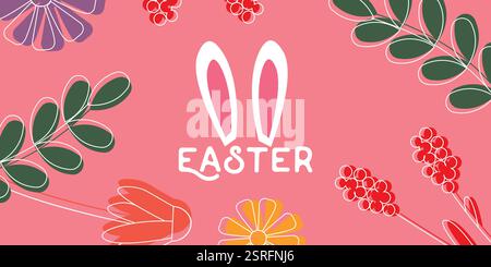 Easter-Themed Design Featuring Bunny Ears, Floral Motifs, and Vibrant Colors Stock Vector