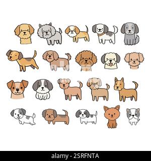 Adorable Hand-Drawn Cartoon Dogs with Bold Outlines – Cute Pastel Doodle Collection Stock Vector