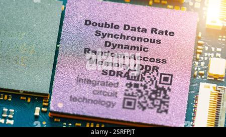 Double Data Rate Synchronous Dynamic Random-Access Memory (DDR SDRAM) SDRAM with double data rate for higher bandwidth. integrated circuits ICs Stock Photo
