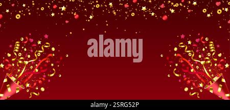 Party popper explosion with red and golden confetti on scarlet background. Festive streamers, stars, hearts, circles burst from corner crackers. Celeb Stock Vector
