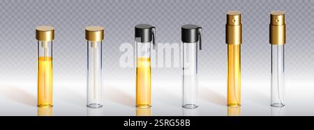 Perfume tester vials set isolated on transparent background. Vector realistic illustration of small glass fragrance bottles, empty and with liquid ins Stock Vector
