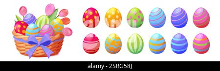Easter eggs collection and wicker basket - decorated colorful eggs with polka dots, stripes and patterns. Set of bright holiday symbols with tulip flo Stock Vector