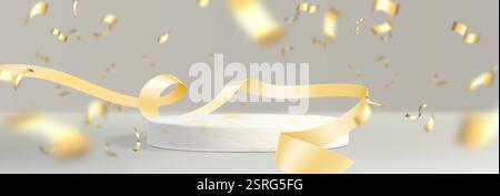 3D marble podium with elegant golden ribbon and falling confetti on light background. White circular display platform decorated with flowing metallic Stock Vector