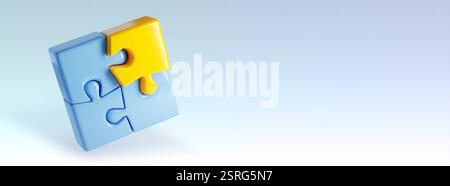 3D puzzle pieces - blue square with yellow connected element on light gradient background. Minimalist pastel jigsaw composition showing connection. Gl Stock Vector