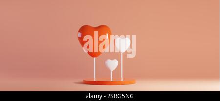Love shaped candy balloons on round red podium - large heart with small white decorative elements on sticks. Minimal romantic composition on light bac Stock Vector
