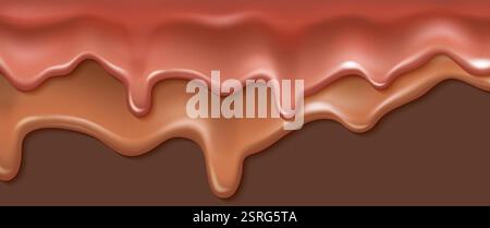 Caramel and chocolate drip texture. Vector realistic illustration of brown paint splash, sweet candy melting, ice cream flowing down dessert, cake or Stock Vector
