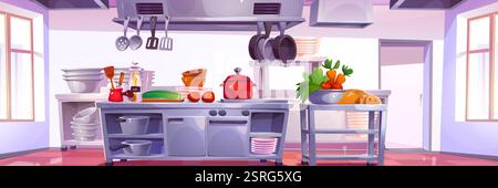 Restaurant kitchen cartoon interior with fresh vegetables on counter - professional cooking space with hanging utensils, storage cabinets, arranged co Stock Vector