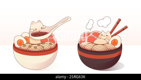 Cat eating ramen noodles set isolated on white. Contemporary vector cartoon illustration of kawaii style kitten in bowl of traditional asian food with Stock Vector