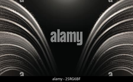 Light wing shaped line background - monochrome curved shapes on black surface, glowing streams of silver particles, sparkling dust effect. Mystical pa Stock Vector