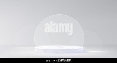 Round marble podium with glass morphism decor on white background. Vector realistic illustration of natural stone platform for product presentation, s Stock Vector