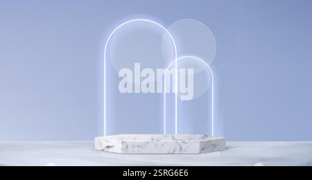 Hexagonal marble podium with glass morphism decor on blue background. Vector realistic illustration of natural stone platform for product presentation Stock Vector