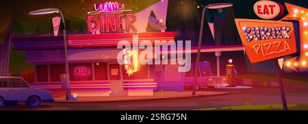 Cartoon diner panorama at sunset - neon storefront with illuminated signage, street lamps, parked vehicles on vibrant pink and purple sky. Fast food e Stock Vector