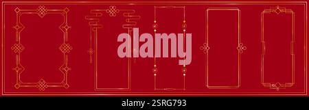 Chinese golden frame collection - traditional oriental border designs with geometric ornaments on red background. Elegant rectangular decorative eleme Stock Vector