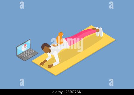 3D Isometrische flache Illustration der Online-Trainingslektion, Plank-ÜbungbrIsometrische flache 3D-Illustration einer Online-Schulungsstunde, Plank- Stock Photo