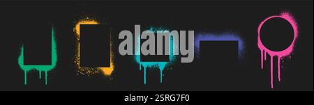 Graffiti stencil frames with neon spray effect - geometric shapes of rectangle, square and circle borders in vibrant colors with drips and scattered p Stock Vector