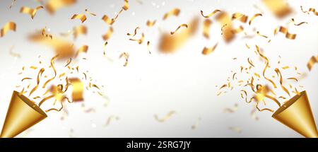3D golden party poppers exploding with shiny confetti ribbons and serpentine streamers on light background. Celebration festive crackers shooting glit Stock Vector