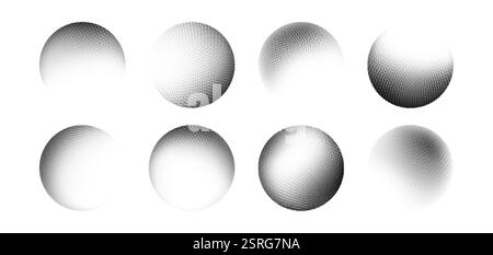 Gradient dot spheres set isolated on white background. Vector realistic illustration of dotwork balls with grainy halftone texture, black and gray pai Stock Vector