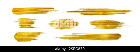 Gold foil brush strokes collection - shiny metallic golden smears, swipes and splashes with textured glittering effect on white background. Realistic Stock Vector