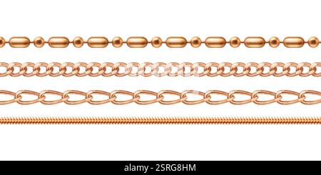 Golden chain jewel collection - yellow metallic links pattern, precious necklace variations, decorative beaded row, interlocking circular elements. Lu Stock Vector