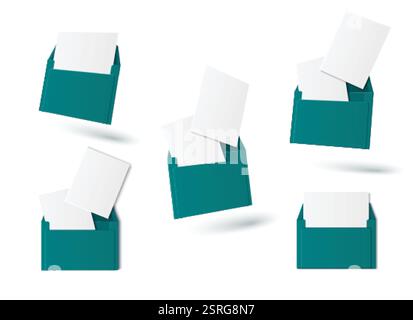 3D mail icons set isolated on white with shadows. Vector realistic illustration of open green envelopes with blank letter sheets, greeting card mockup Stock Vector