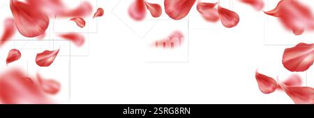 Flying red rose petals scattered on white background - blurred delicate flower fragments creating romantic frame composition. Realistic botanical elem Stock Vector