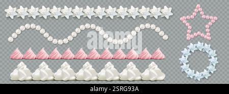Whipped cream 3d decorative borders - light blue, pink and white swirled meringue peaks, wavy rose patterns, straight star and circle shaped lines in Stock Vector