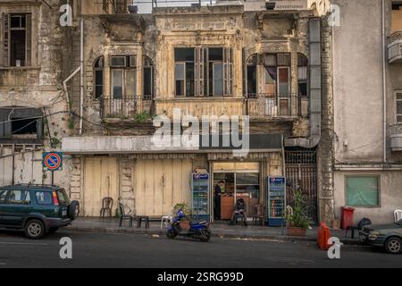 The bullet holes on the Lebanese buildings facade, the result of the war and conflicts in Lebanon. Stock Photo