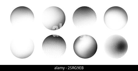 Monochrome grain textured dot spheres with halftone patterns, dimensional shading and gradient density effects. Geometric design shapes with depth thr Stock Vector
