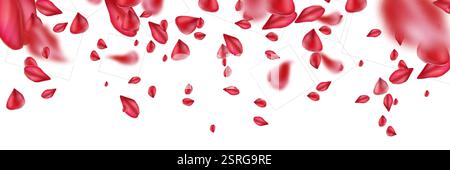 Red rose petals creating border frame with flying scattered elements on white background. Realistic motion blurred crimson floral composition for roma Stock Vector