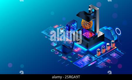 SLA 3d printer, laptop on table in workshop of additive 3d maker. 3d printing isometric concept. 3d printer workplace. 3d printer printed computer mod Stock Vector