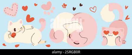 Cute cats in love on light blue background. Vector cartoon illustration of kawaii style pets looking with heart eyes, hugging, flirting with flower in Stock Vector