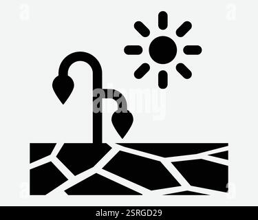 Drought Weather Sun Summer Sunny Hot Dry Dessert Climate Change Global Warming Dead Die Plant Wilt Land Crack Black White Icon Sign Symbol Graphic Ill Stock Vector