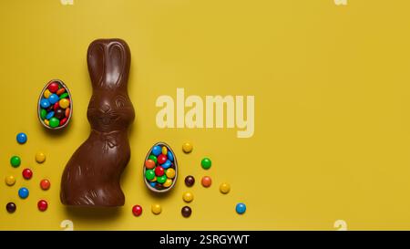 Delicious Easter holiday chocolate bunny and eggs Stock Photo