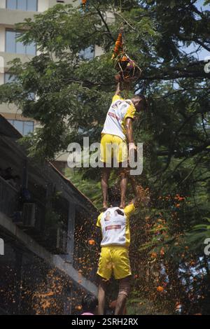 Human pyramid broken dahi handi, mumbai, maharashtra, india, asia Stock Photo