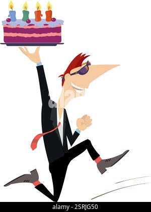 Cartoon running man holding a cake with candles. Happy running young man holds a cake with candles over his head. Birthday cake. Isolated on white Stock Vector