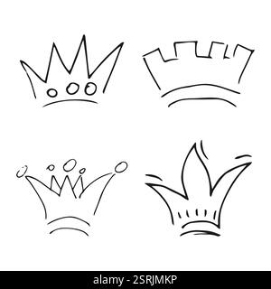 Hand drawn crowns. Set of four simple graffiti sketch queen or king crowns. Royal imperial coronation and monarch symbols. Black brush doodle isolated Stock Vector