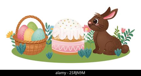 Chocolate rabbit sitting next to an Easter cake and a basket of colorful eggs on green grass with flowers. Cute cartoon holiday illustration. Easter c Stock Vector