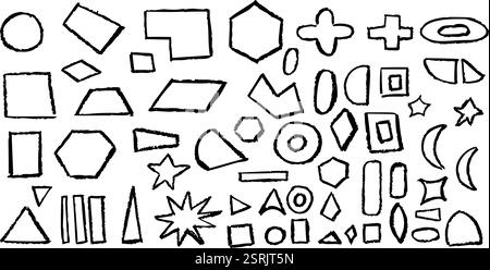 Set of basic geometric shapes. Circle, square, rectangle, triangle and other polygons drawn with charcoal. Collection of outlines geometric symbols Stock Vector