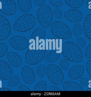 Seamless pattern with hand drawn Easter eggs on a blue background. Vector illustration Stock Vector