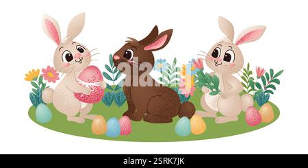 Two white rabbits and a brown rabbit sitting on green grass surrounded by colorful Easter eggs and flowers. Cute cartoon holiday illustration. Easter Stock Vector