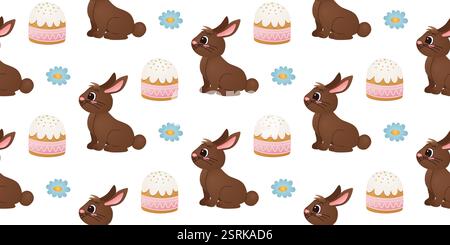 Seamless pattern with chocolate brown rabbits, Easter cakes, blue flowers on white background. Cute kids holiday design for wallpaper, textile, and wr Stock Vector
