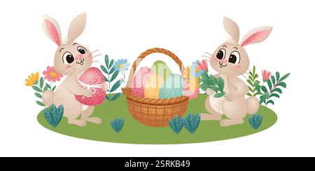 Two cute bunnies celebrating easter, holding a decorated egg and a bouquet of spring flowers, with a basket full of colorful eggs. Stock Vector