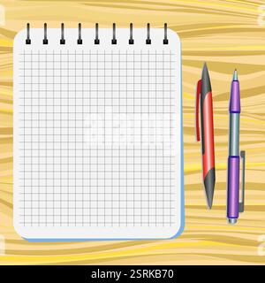 Notebook,  red  pen and purple pen on a wooden table Stock Vector
