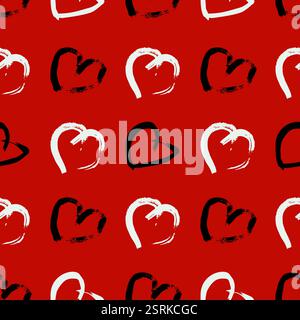 Seamless pattern with hand drawn hearts. Doodle grunge black and white hearts on red background. Vector illustration. Stock Vector