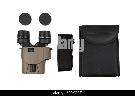 A compact set of binoculars with image stabilization, accompanied by two lens caps, a carrying strap, and a black carrying case, neatly arranged on a Stock Photo