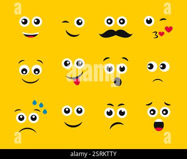 Cartoon faces with emotions on yellow background. Set of twelve different emoticons. Vector illustration Stock Vector