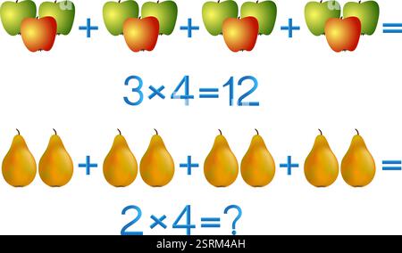 Educational games for children, multiplication action, example with fruits. Stock Vector