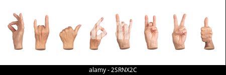 Collection of elderly female hands displaying various gestures, including thumbs up, peace sign, victory, OK symbol, and clenched fist. Wrinkled finge Stock Photo