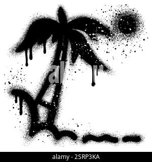 Spray Painted Graffiti summer icon with palm tree and moon isolated on white background. Stock Vector
